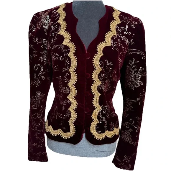 Vtg 80s J McClintock Blazer Burgundy Gold Velvet Victorian Regencycore Boho - Picture 7 of 16